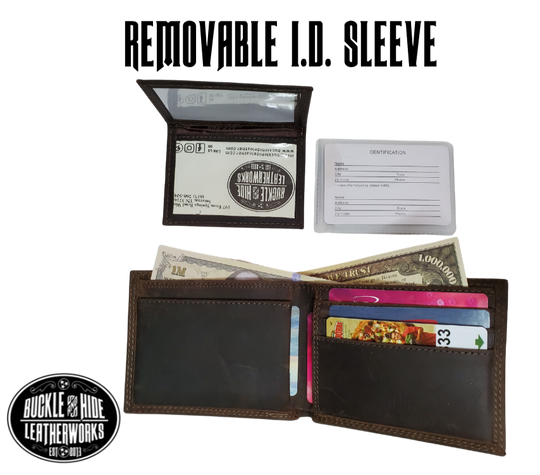 Distressed Brown bi-fold wallet with a Antique nickel oval concho with your choice of a Buck, Bass, or a Mallard duck Features... 2 large cash pockets, 3 card slots, 2 pockets under the card pockets, 2 slot I.D. holder that is "removeable" (see pic), also includes a clear card/picture sleeve  Ships in Tin gift box See our other wallets with your favorite College Sports teams