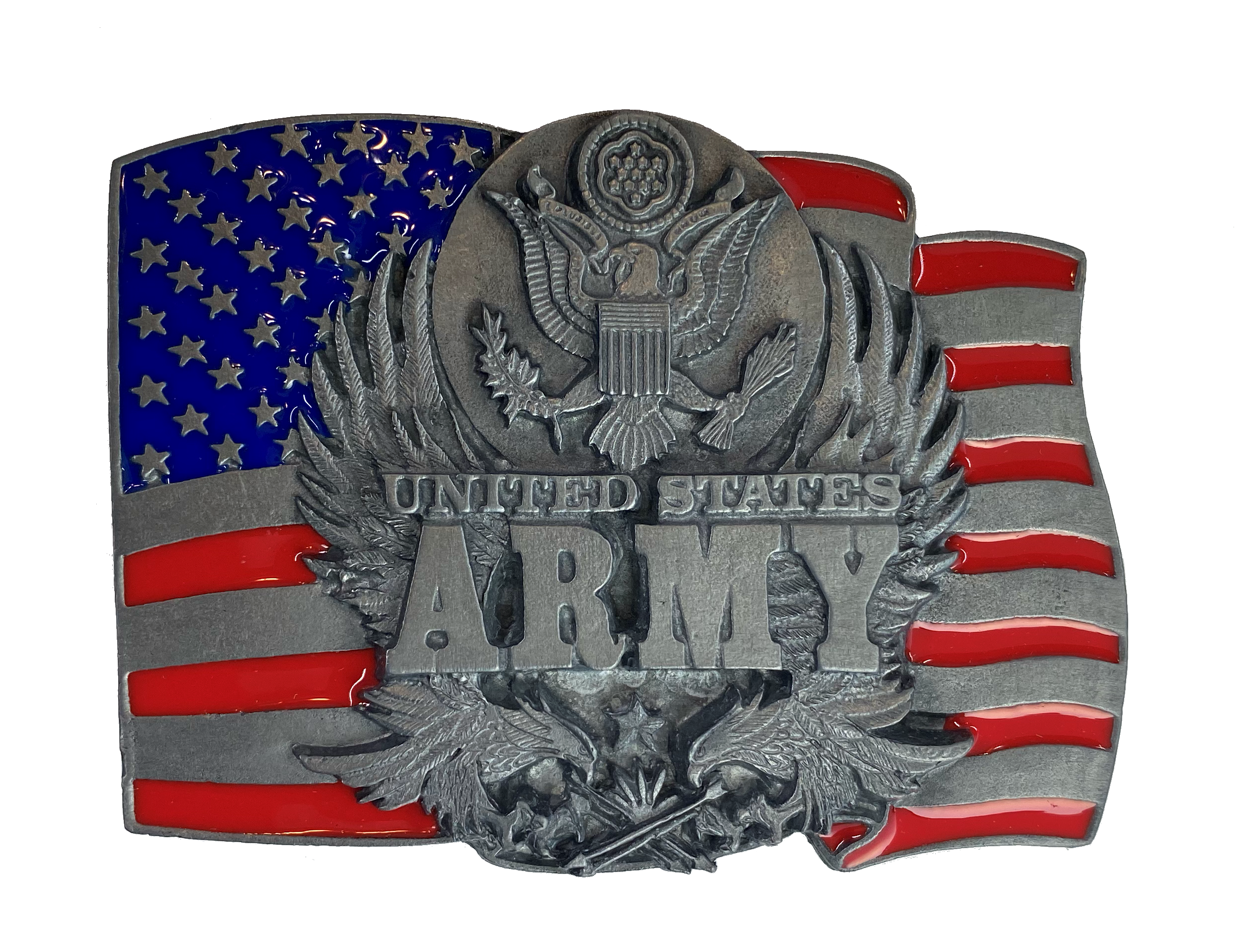 Support our Armed forces with these Licensed Military Belt Buckles. We have Army and Air Force.&nbsp; Great as a gift or for yourself. Fits up to 1 1 /2" belts. Size is approx. 2 1/2" tall by 3 1/2" wide. Buckle is pewter with red and blue painted colors. Available in our online and retail shop, located in Smyrna, TN, just outside Nashville.