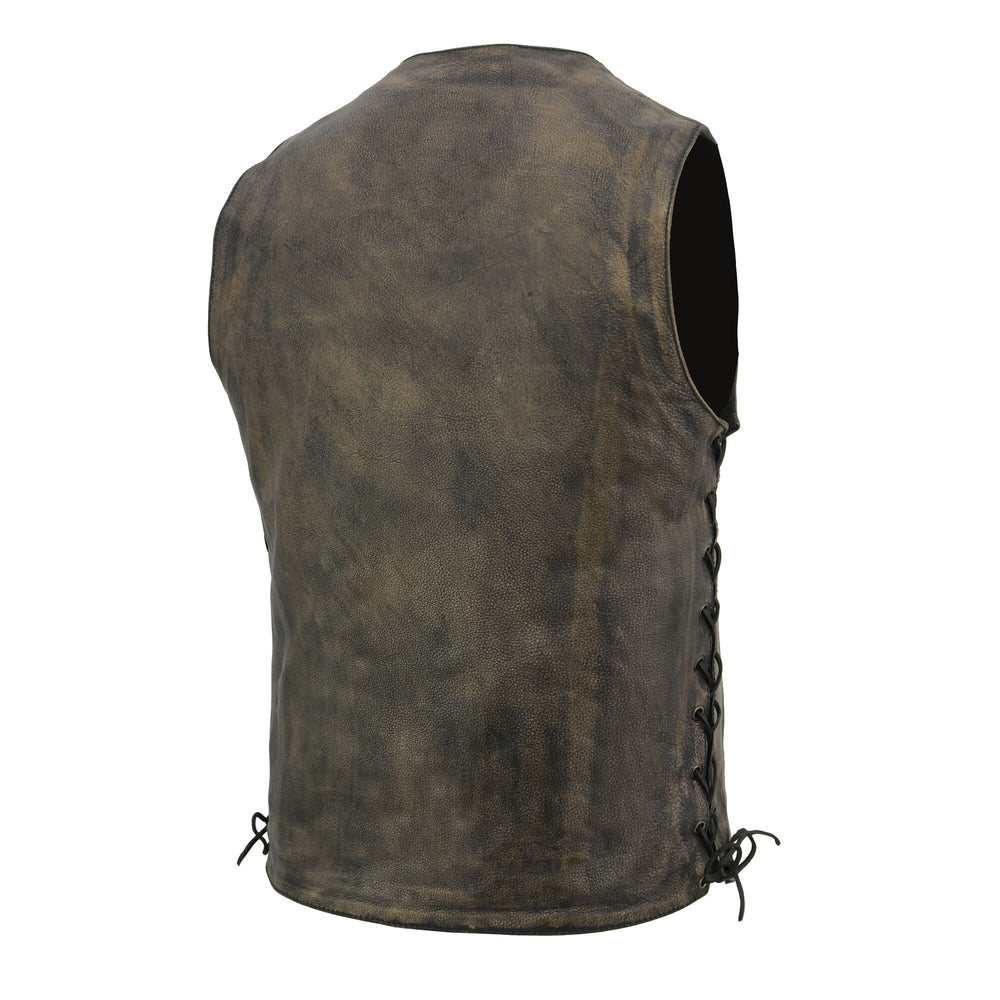 The "Austin"Distressed Brown Premium cowhide leather riding vest with V-neck, Four Snap Front Look w/Side Lacing, snap front closure. Dual Side inside Concealed Weapon pockets, Lower Front Zipper Pockets w/ 2 Coin Pockets. The back is a solid panel.&nbsp; Available in our shop in Smyrna, TN, just outside Nashville in sizes small to 5x.