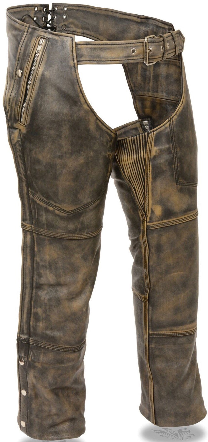 The "Patriot" Premium Distressed brown Unisex Snap-out Liner Leather Chaps.&nbsp; These are made from soft, milled naked cowhide leather. They have 2 deep jean style pockets on either side , one with zipper closure, one with snap closure. Snap out liner for changes in weather. There is a stretch panel along inner thigh to help with fit. Heavy side zippers run from hip to just below the knee, snaps run remaining length of leg.&nbsp; Available in our shop in Smyrna, TN, just outside Nashville.