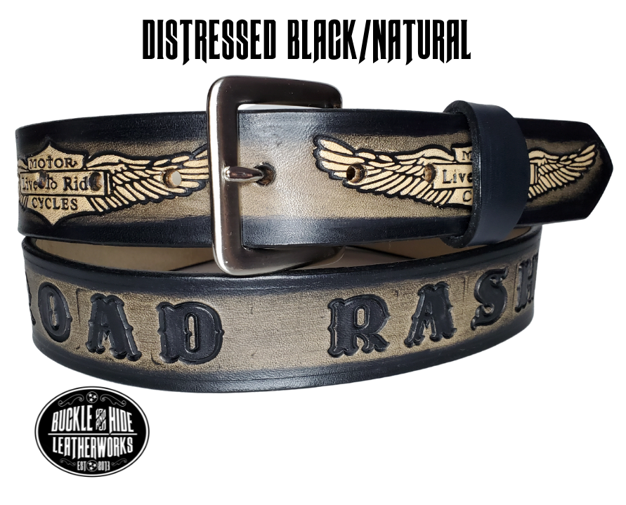 "The SGT AT Arms" is a handmade real leather belt made from a single strip of cowhide shoulder leather that is 8-10 oz. or approx. 1/8" thick. It has hand burnished (smoothed) edges and the Classic Wings and Shield pattern down the center. This belt is completely HAND dyed with a multi step finishing technic. The antique nickel plated solid brass buckle is snapped in place with heavy snaps.  This belt is made just outside Nashville in Smyrna, TN.