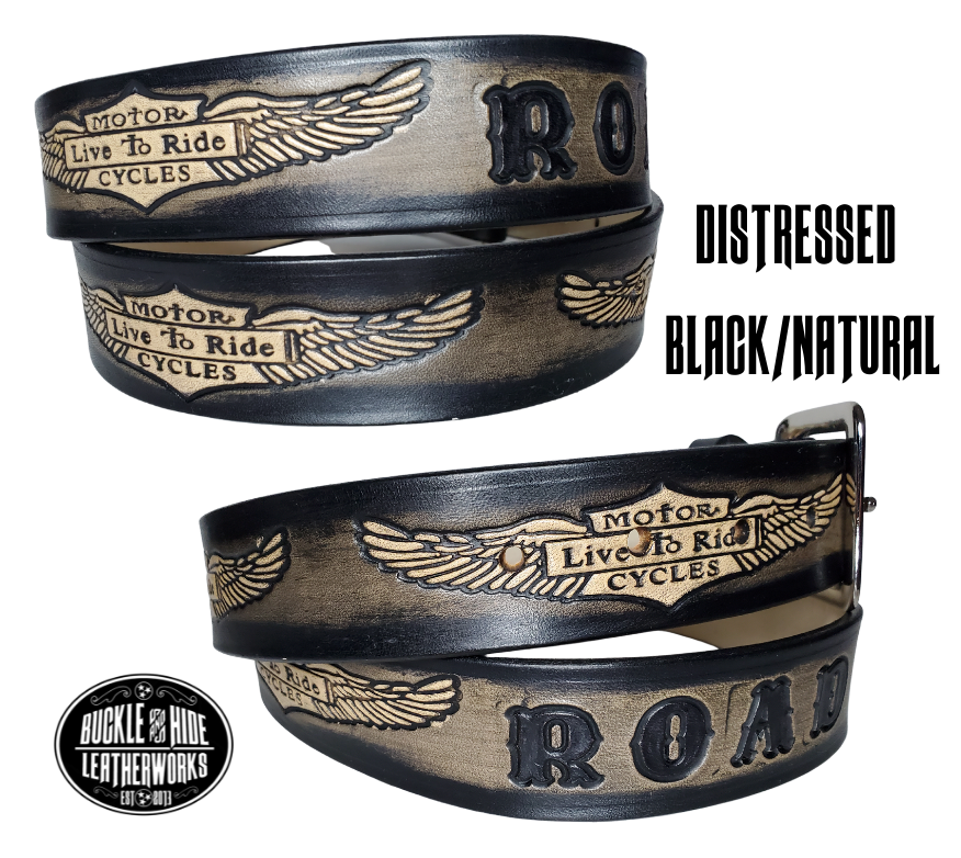 "The SGT AT Arms" is a handmade real leather belt made from a single strip of cowhide shoulder leather that is 8-10 oz. or approx. 1/8" thick. It has hand burnished (smoothed) edges and the Classic Wings and Shield pattern down the center. This belt is completely HAND dyed with a multi step finishing technic. The antique nickel plated solid brass buckle is snapped in place with heavy snaps.  This belt is made just outside Nashville in Smyrna, TN.