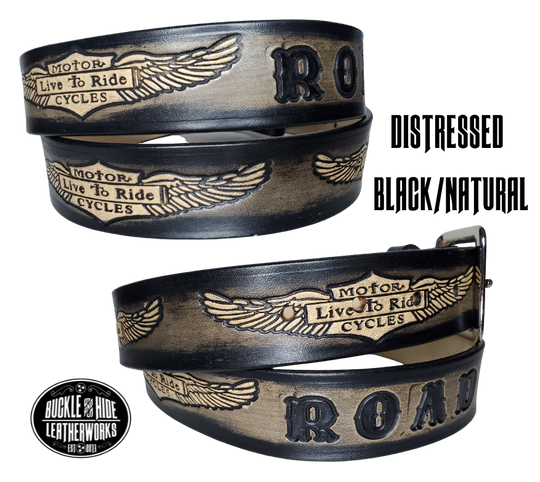 "The SGT AT Arms" is a handmade real leather belt made from a single strip of cowhide shoulder leather that is 8-10 oz. or approx. 1/8" thick. It has hand burnished (smoothed) edges and the Classic Wings and Shield pattern down the center. This belt is completely HAND dyed with a multi step finishing technic. The antique nickel plated solid brass buckle is snapped in place with heavy snaps.  This belt is made just outside Nashville in Smyrna, TN.