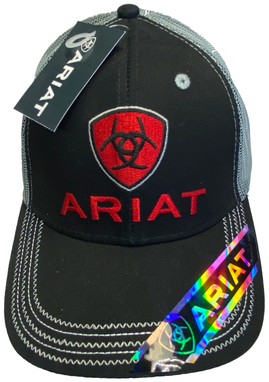 Black cap with grey mesh back and velcro closure. Structured front has red Ariat logo embroidered. Available for purchase at our shop just outside of Nashville in Smyrna, TN.