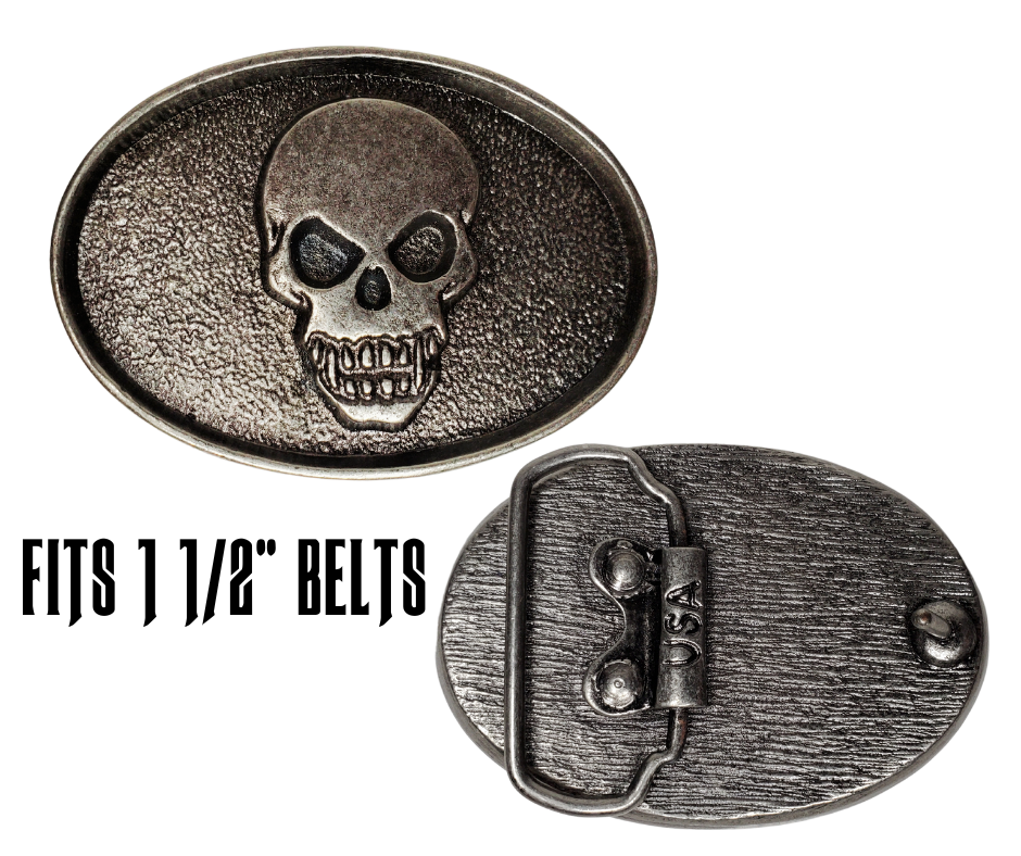 The Biker Skull Belt Buckle is an antique silver design that is sure to add a unique touch to any accessory. Crafted with a detailed skull head, this buckle is perfect for those looking for an edgy yet stylish addition to their wardrobe.  Pewter belt buckle that may be attached to your belt.  It has a oval shape that Fits 1 1/2" belts, Size approx. 3-1/2" x 2-3/4. Available in our shop just outside Nashville in Smyrna, TN.