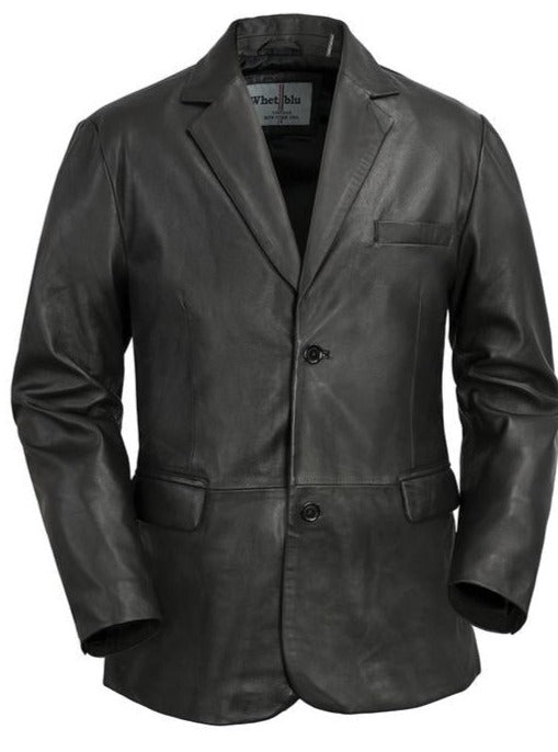 This modernly designed men's blazer jacket is crafted with timeless black buttery soft lambskin, allowing you to dress up for any special occasion or dressed down for a more casual look. It features two convenient pockets, and is available in stock at our Smyrna TN shop just a short drive from Nashville. This jacket offers an elegant and sophisticated style that is sure to make a statement.