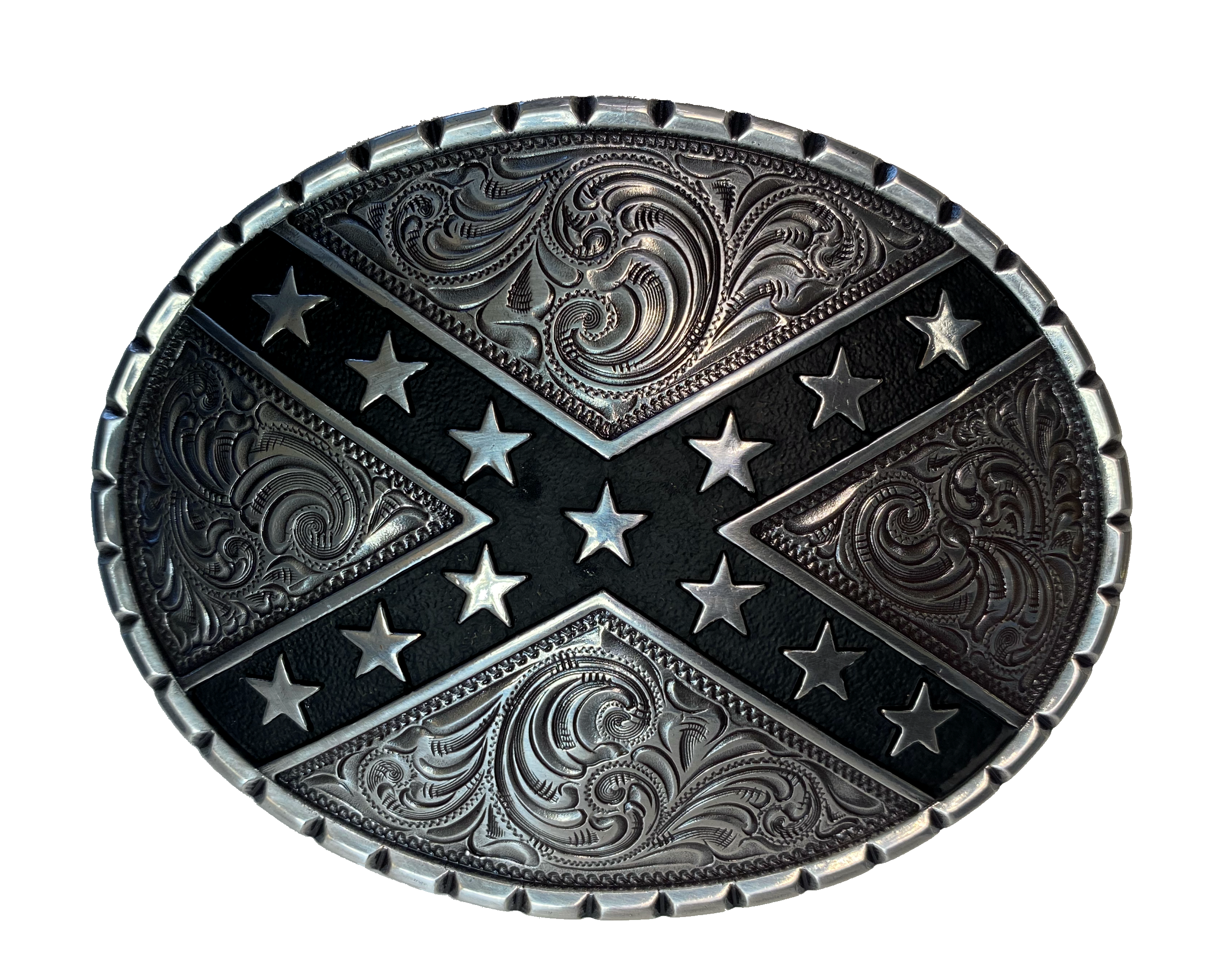 This antique silver buckle, with stars on black bars and set over an ornate western scroll background, has an oval shape that is comfortable for most body types. Fits up to 1  1/2" belts. Dimensions are approx. 3 1/4" tall x 4 1/4"wide. Available online and in our shop in Smyrna, TN, just outside of Nashville