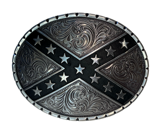 This antique silver buckle, with stars on black bars and set over an ornate western scroll background, has an oval shape that is comfortable for most body types. Fits up to 1  1/2" belts. Dimensions are approx. 3 1/4" tall x 4 1/4"wide. Available online and in our shop in Smyrna, TN, just outside of Nashville