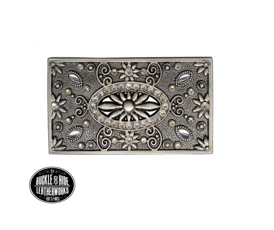 A Filigreed Floral design in Antique Nickel with Blingy Rhinestones added around the border. Looks great on plain 1 1/2" Black or Brown belt. A easy to wear rectangle shape that's not too big, it's just right. Dimension(Length X Width): 3 3/4" X 2", Imported