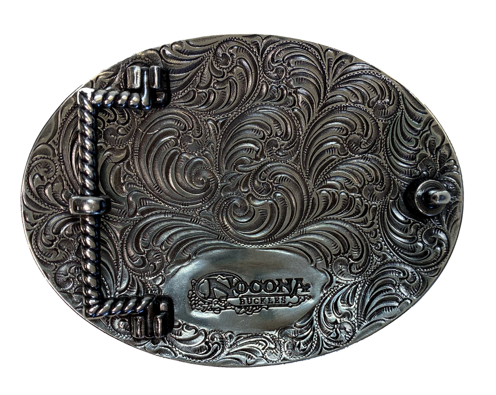 Antique silver with Black stars with a ornate western scroll in the background. Oval shape is good for most body types without digging in to your mid section. Fits up to 1  1/2" belts. Dimensions are approx. 3 1/4" tall x 4 1/4"wide.