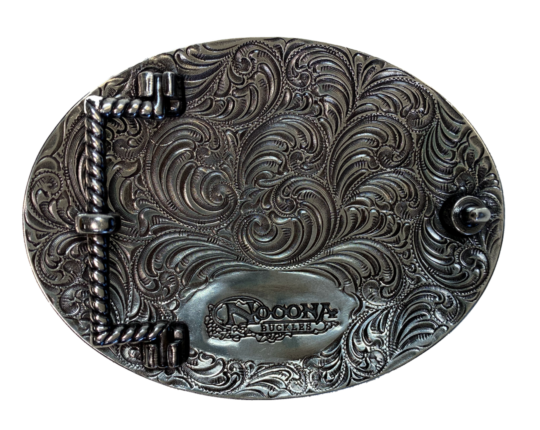 Antique silver with Black stars with a ornate western scroll in the background. Oval shape is good for most body types without digging in to your mid section. Fits up to 1  1/2" belts. Dimensions are approx. 3 1/4" tall x 4 1/4"wide.