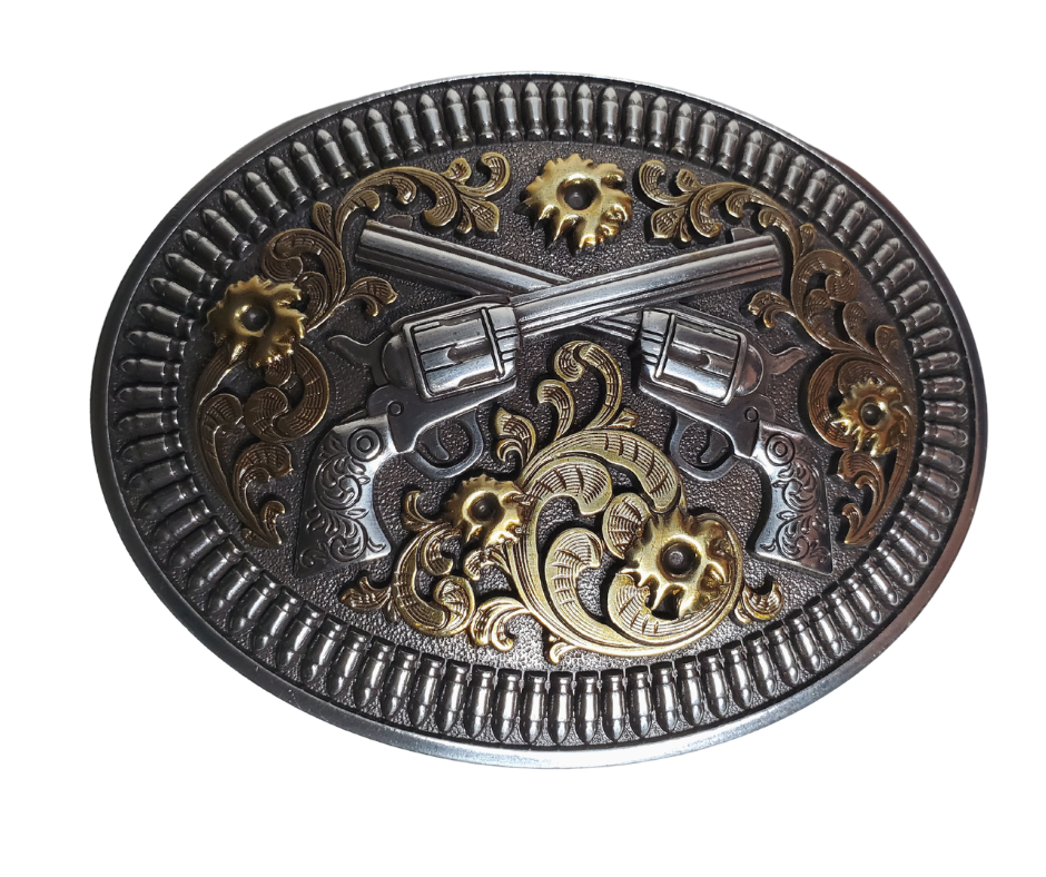 Dress up your favorite belt with this Nocona Crossed P****l buckle Complete with B****t holes and Shells around the edge Measures 2-1/2" tall x 3-1/4" wide  Available also in our Smyrna, TN shop just outside Nashville