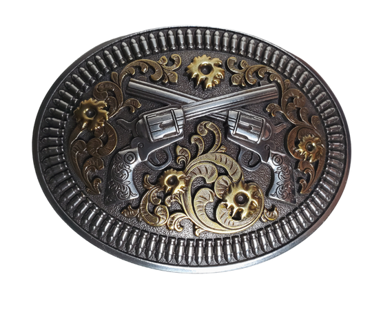 Dress up your favorite belt with this Nocona Crossed P****l buckle Complete with B****t holes and Shells around the edge Measures 2-1/2" tall x 3-1/4" wide  Available also in our Smyrna, TN shop just outside Nashville