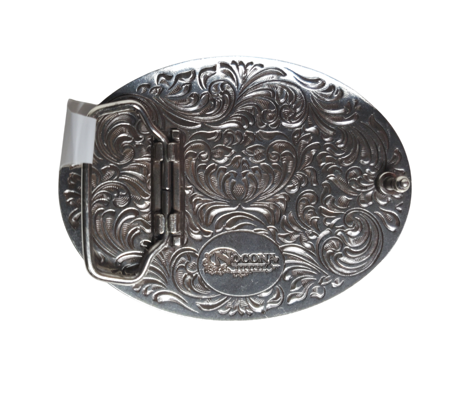 Dress up your favorite belt with this Nocona Crossed P****l buckle Complete with B****t holes and Shells around the edge Measures 2-1/2" tall x 3-1/4" wide  Available also in our Smyrna, TN shop just outside Nashville