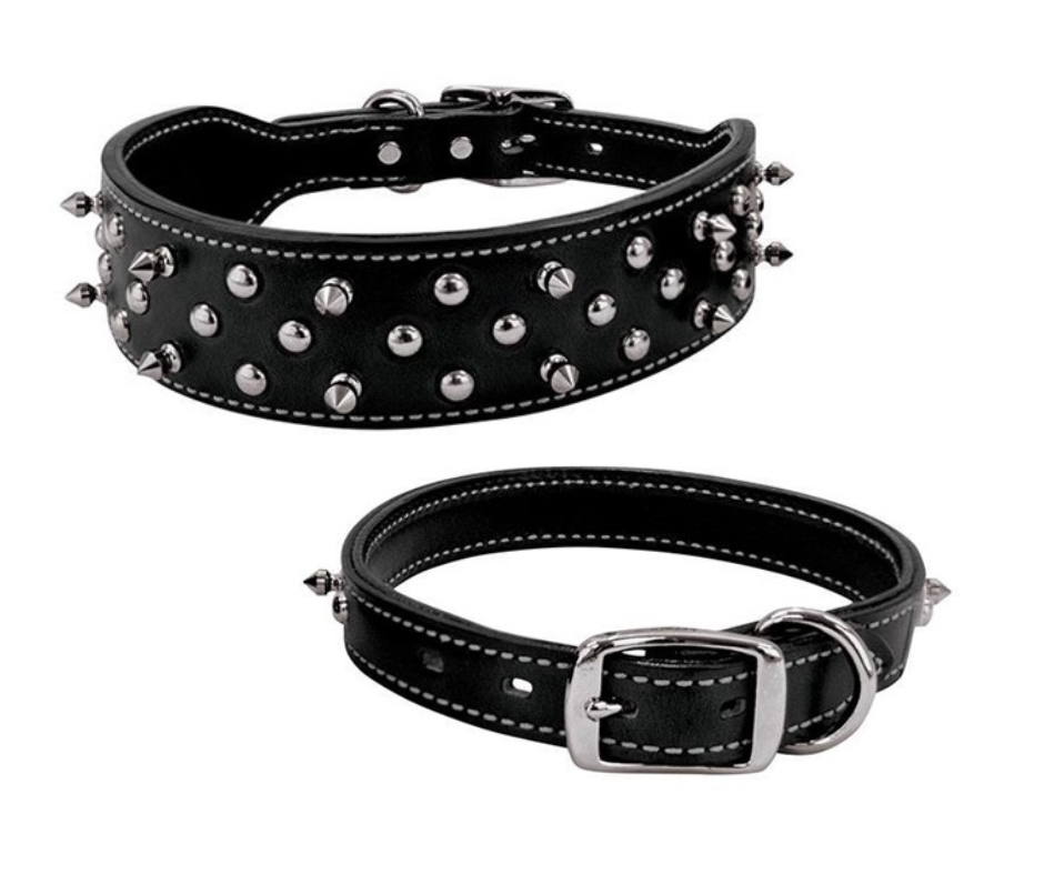 Constructed of premium quality black bridle leather, this doubled and stitched collar with smoothed and darkened edges will turn heads with its carefully crafted and attractive design of nickel plated over brass spikes and spots. Chrome plated hardware. These are heavy double layer leather approx. 1/4" thick, the inner layer is smooth and keeps the studs and spikes from rubbing your pet.