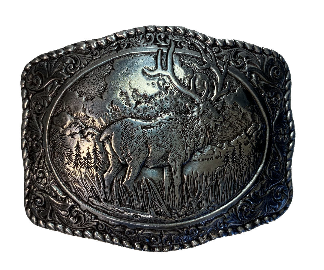 Crumrine buckle with Rope edging with Elk This buckle will look great with your favorite pair of jeans or dress pants.  Measures 2-3/4 x 3-1/2.  Available at our shop just outside Nashville in Smyrna, TN.