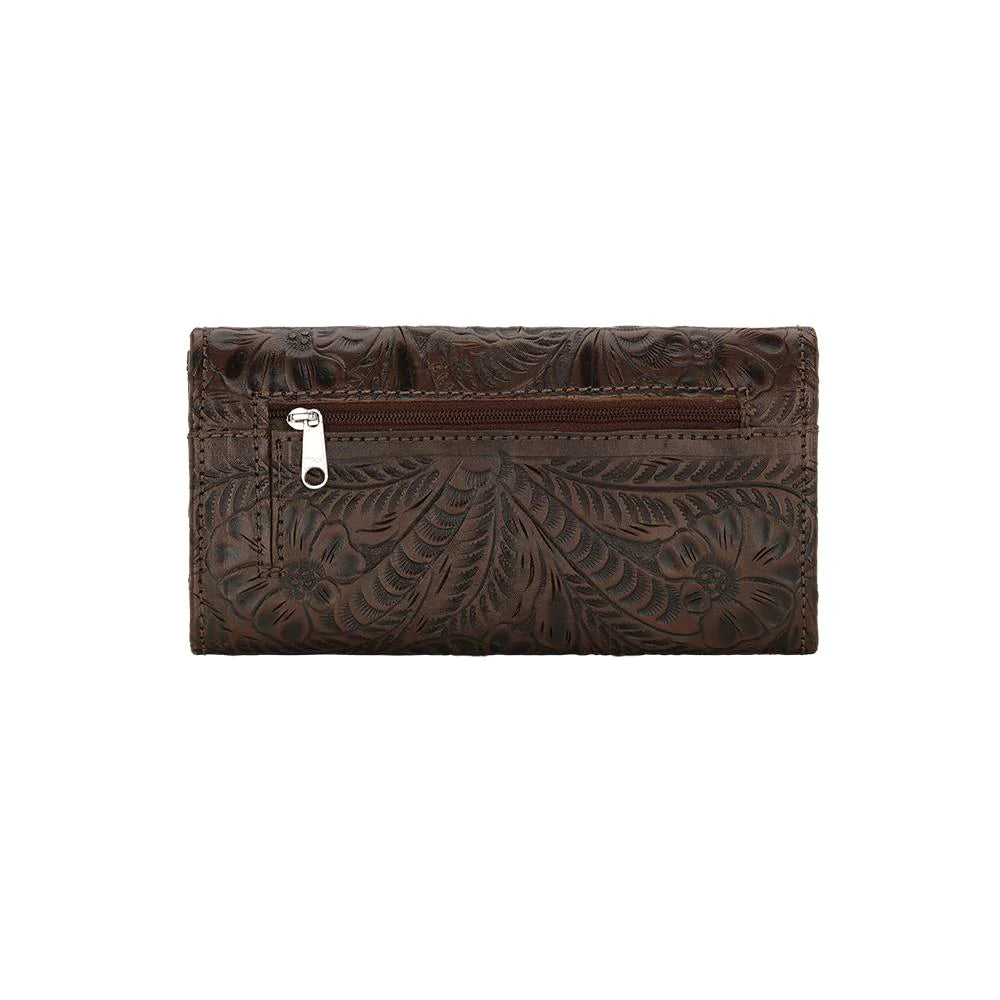 Full grain leather tri-fold wallet hand-stained, boasting a wild western floral hand-tooled pattern. Snappily close it with the spring snap and store your coins in the back zippered pocket. Inside the wallet, you'll find 12 credit card slots, an ID spot, multiple currency stations, and a checkbook flap! Plus, with the cotton linen dividing the pockets, it stays lightweight. Collect yours from our Smyrna, TN spot near Nashville!