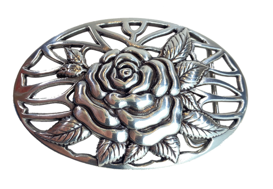 A Filigreed Rose design in Antique Nickel that looks great on plain 1 1/2" Black or Brown belt. A easy to wear oval shape that's not too big, measures approx. 3 7/8" wide by 2 1/2" tall. Imported