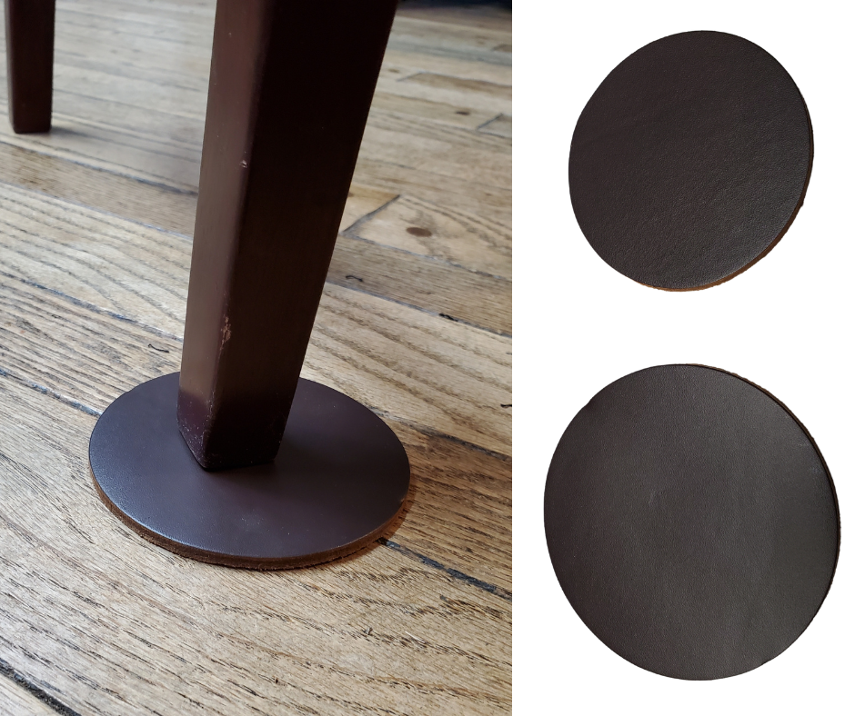 Do you have expensive hardwood or laminate floors you want to protect? These approx. 1/8" thick leather Furniture Pads will help. Sold in sets of 4 in each size and color. Choose black or brown in 3 different sizes.... 3" or 3 1/2" round or 4 1/4" square. Made in our Smyrna TN. shop just outside Nashville.