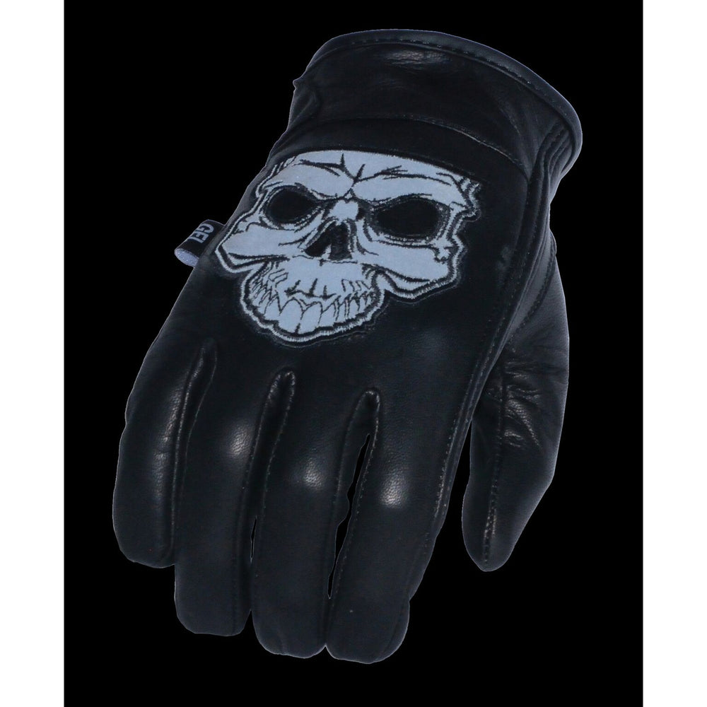 Leather motorcycle&nbsp;Premium Cowhide Leather&nbsp;riding gloves with reflective skull pictured on back of hand making it great for night riding. They are available in Unisex sizing XS-5X and have a thermal lining and velcro wrist closure. They are available in our shop just outside Nashville in Smyrna, TN.