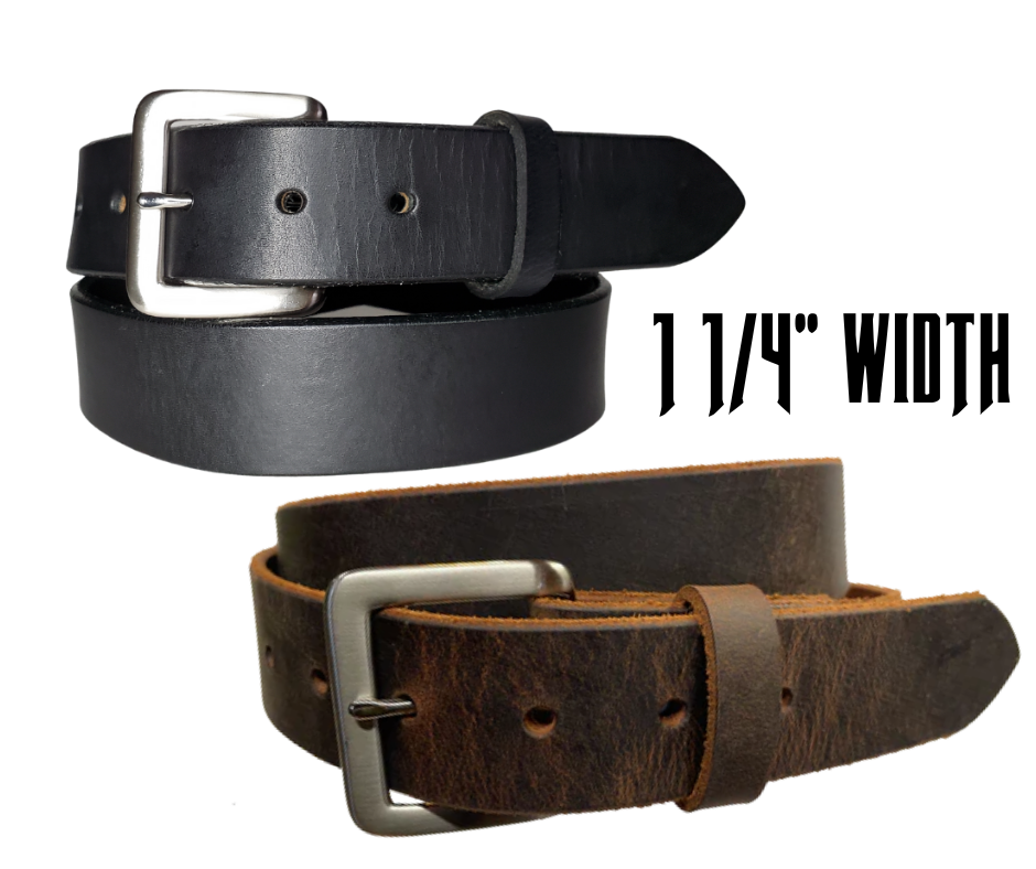 Our Kids/Youth Belt is available as a Combo or as just buy one! It's a great choice who just needs a simple belt for school or if you have you r own buckle already. We use the same Full grain Distressed Brown Water Buffalo or Black cowhide leather as our adult version. The width is 1 1/4" and the buckle snaps in place for easy changing if desired. Choose a Black or Distressed Brown Leather belt for the Combo. Made in our Smyrna, TN, USA shop.  NO names on this belt.    