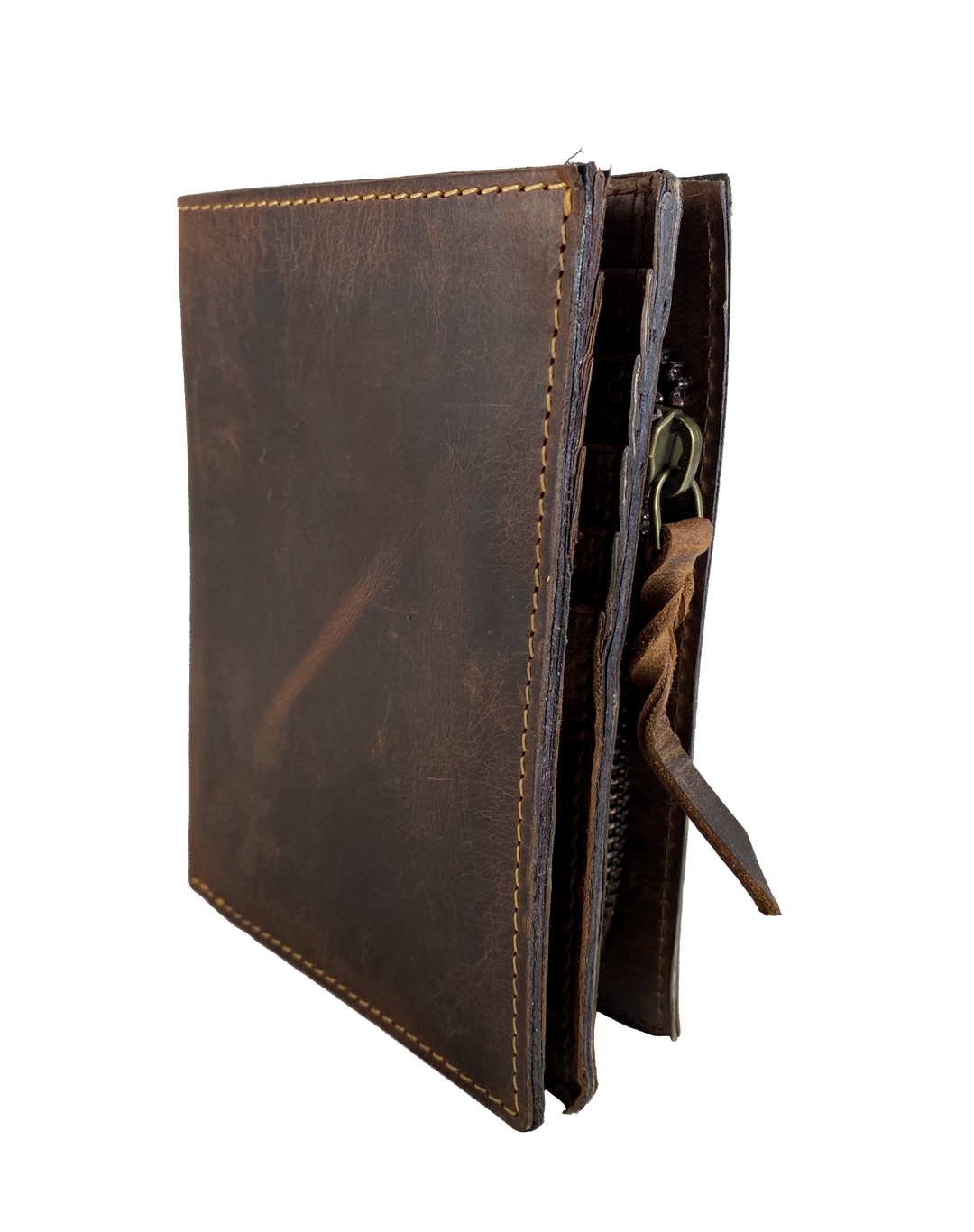 Popular Distressed Brown Multi Fold Wallet. 1 cash slot, 8 card slots, I.D. slot, zippered coin pocket for all your stash needs. Will darken with a nice patina with use. Imported and Buckle and Hide approved. Great for men or women with lots of cards.