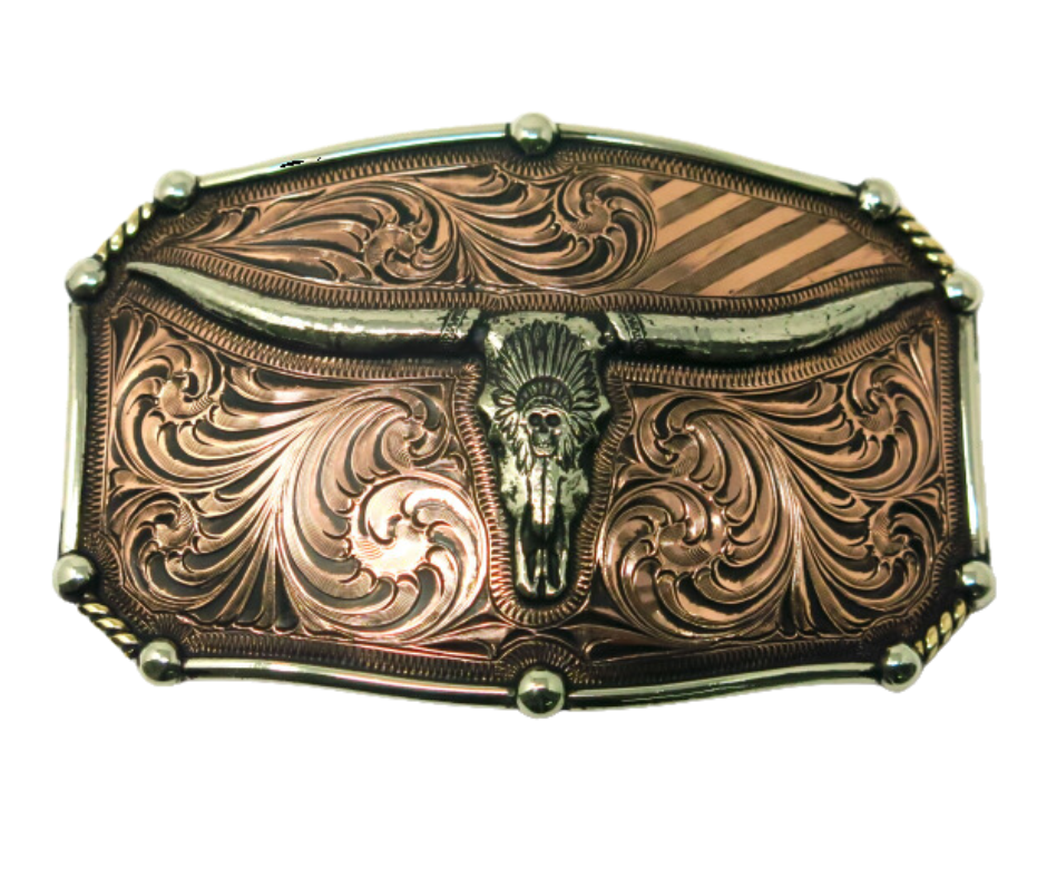 The Chief Longhorn buckle  These buckles are made from German Silver (nickel and brass alloy) or iron metal base. Some buckles have motifs made of copper, iron or brass and some are adorned with synthetic stones. These are all handcrafted. Each piece is punched, cut, soldered, engraved, polished and painted by our talented metal workers.  Available in our Smyrna TN shop.