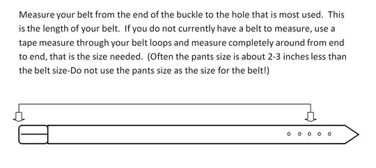 Belt sizing instructions. Measure your belt from the end of the buckle to the hole that is most used. This is the length of your belt. If you do not currently have a belt to measure, use a tape measure through your belt loops and measure completely around from end to end, that is the size needed. (Often the pants size is about 2-3 inches less than the belt size. Please, do not use the pant size as the belt size.)