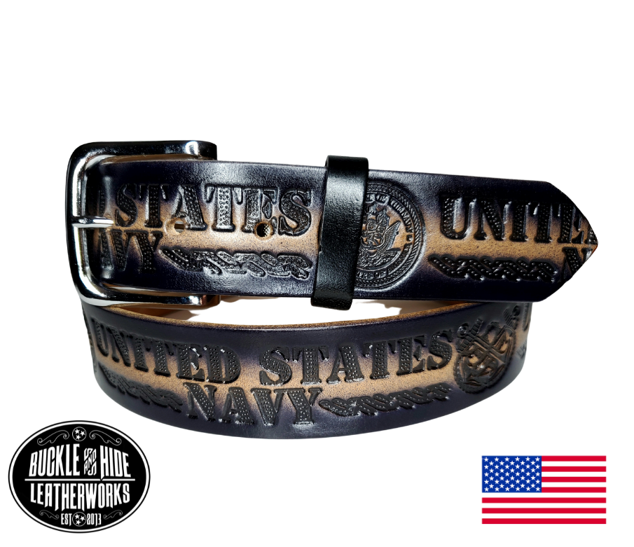 Our Military belt is very similar to our own belts made in our shop.... the same type of Veg-Tan leather, same thickness, we just don't make them. These are less hand made using machines to speed up the process but still Buckle and Hide approved. Complete with snaps to change the buckle if needed. Belt is made in the USA .  Available online and in our shop just outside Nashville in Smyrna, TN