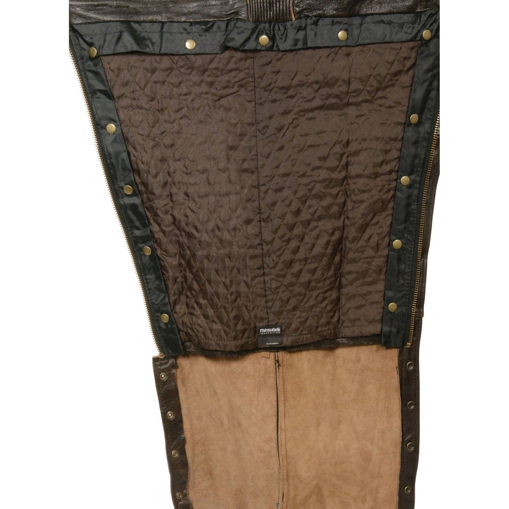 The "Patriot" Premium Distressed brown Unisex Snap-out Liner Leather Chaps.&nbsp; These are made from soft, milled naked cowhide leather. They have 2 deep jean style pockets on either side , one with zipper closure, one with snap closure. Snap out liner for changes in weather. There is a stretch panel along inner thigh to help with fit. Heavy side zippers run from hip to just below the knee, snaps run remaining length of leg.&nbsp; Available in our shop in Smyrna, TN, just outside Nashville.