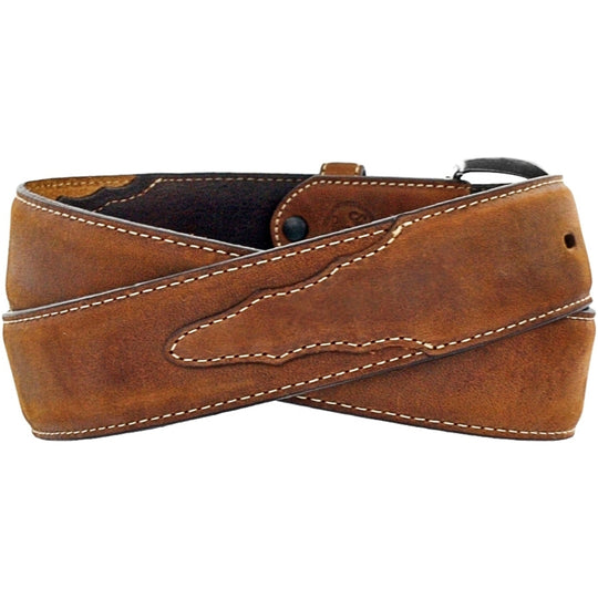 This fine brown leather belt by Justin is made from layered leather without added fillers. It is made from lighter brown leather and is 1 3/8" wide.  The Billet ends have layered decorative edge sewn in place, white stitching is along edges of layers and edges of belt. A changeable chrome colored brass buckle with rounded edge for closure. Available in our retail shop in Smyrna, TN, just outside Nashville. Handcrafted in USA from imported materials. Available in sizes 34"-46".