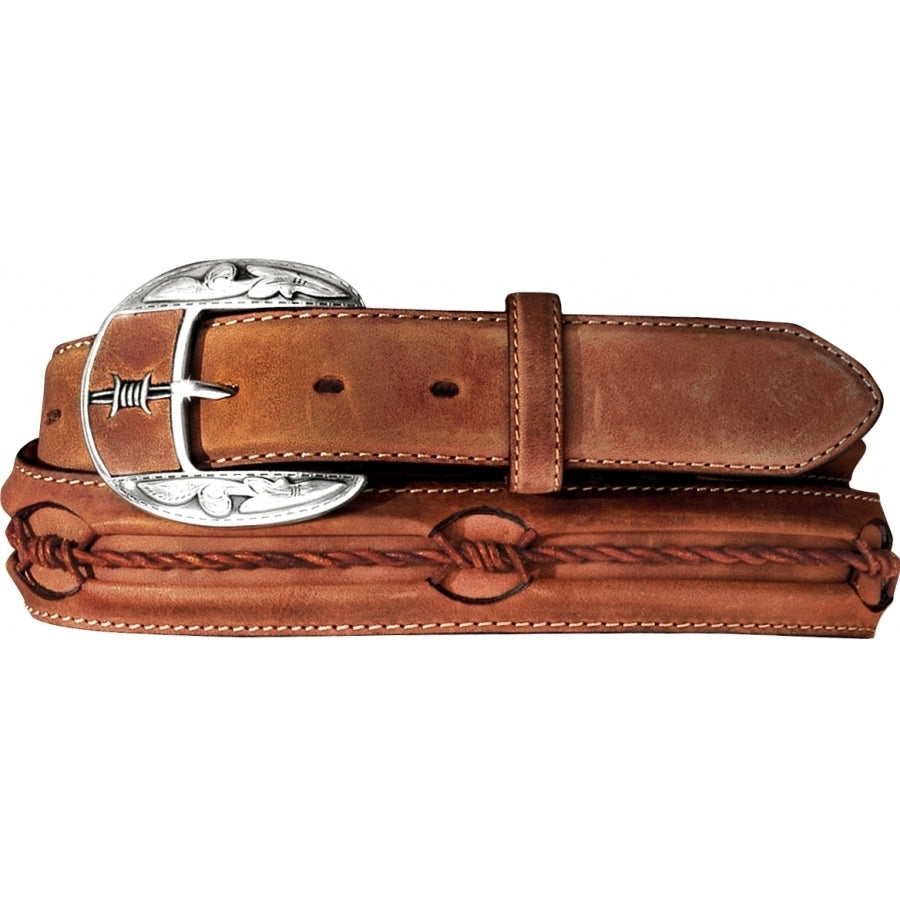 A very unique belt with hand laced inlayed Barbed Wire in a popular 1 1/2" Distressed brown leather strap, coffee billet and underlay, cognac kid leather lacing, Complete with a matching antiqued polished silver buckle with leather inlay. This belt will match a lot a current boot colors if you wear boots. Barb Wire is a True iconic symbol of Ranching and the Western lifestyle. Available in our Smyrna, TN shop just outside Nashville. 