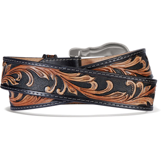 The beauty of this tooled belt is in the hand-antiqued black and tan colors that bring out its rich textural pattern. A silver- and gold-plated two-piece buckle set echoes the design on the strap. Proudly handcrafted in the USA with imported materials. Belt is 1 1/2" wide in classic solid black with black stitching along edges of the belt. Made in USA by Brighton for Tony Lama. Available at our Smyrna, TN shop just outside Nashville.