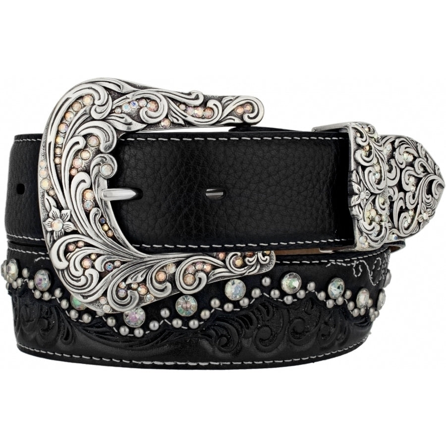 Your name doesn't have to be Kaitlyn to BLING out! The ornate 3 piece buckle is the perfect match for the western tooling, stitching and the BLING! It's 1 1/2" wide and embossed with a western style that you would find on your night out. The leather is a combination floral-tooled inlay, Swarovski crystal accents, nailhead details, beautiful tones of color. Sizing 34" to 42". It's made by Brighton for Tony Lama and is available in our Smyrna, TN shop.