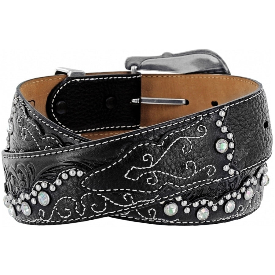 Your name doesn't have to be Kaitlyn to BLING out! The ornate 3 piece buckle is the perfect match for the western tooling, stitching and the BLING! It's 1 1/2" wide and embossed with a western style that you would find on your night out. The leather is a combination floral-tooled inlay, Swarovski crystal accents, nailhead details, beautiful tones of color. Sizing 34" to 42". It's made by Brighton for Tony Lama and is available in our Smyrna, TN shop.