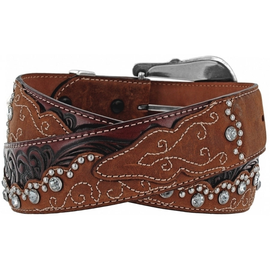 Your name doesn't have to be Kaitlyn to BLING out! The ornate 3 piece buckle is the perfect match for the western tooling, stitching and the BLING! It's 1 1/2" wide and embossed with a western style that you would find on your night out. The leather is a combination floral-tooled inlay, Swarovski crystal accents, nailhead details, beautiful tones of color. Sizing 34" to 42". It's made by Brighton for Tony Lama and is available in our Smyrna, TN shop.