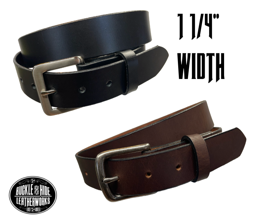 This handmade, real leather belt starts with a drum dyed (colored all the way through)  8-9oz leather belt strip that's just under and eighth of an inch thick and comes with an Antique Silver colored buckle that is snapped in for easy removal.   It is handmade in our Smyrna, TN shop, which is located just outside of Nashville.  This full grain leather has a classic semi-gloss finish that looks great dressed up or down.  It is 1 1/4" wide and available in sizes 34" to 44". 