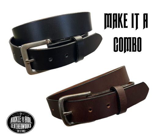 This handmade, real leather belt starts with a drum dyed (colored all the way through)  8-9oz leather belt strip that's just under and eighth of an inch thick and comes with an Antique Silver colored buckle that is snapped in for easy removal.   It is handmade in our Smyrna, TN shop, which is located just outside of Nashville.  This full grain leather has a classic semi-gloss finish that looks great dressed up or down.  It is 1 1/4" wide and available in sizes 34" to 44". 