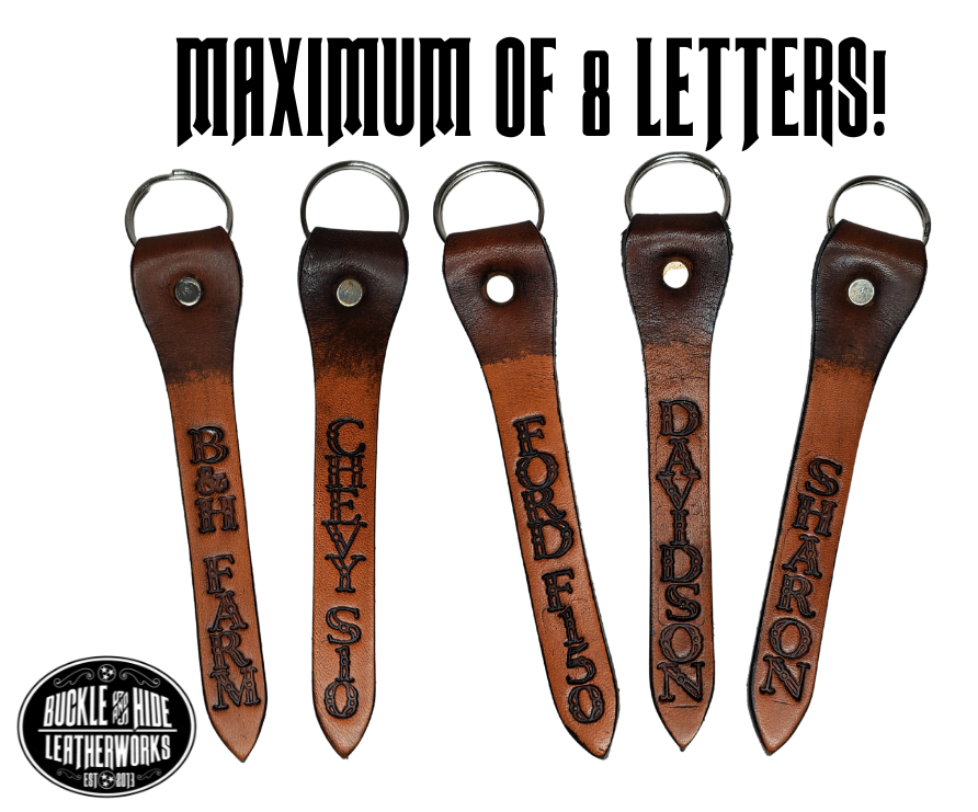 Our Leather keychain embossed similar to our popular belts.  Add your name MAXIMUM OF 8 LETTERS! Great for identifying luggage, backpacks, or you keys! Available in the below choices All colored in our popular 2 TONE BROWN, pick one or a few. Made in our Smyrna Tn. shop.