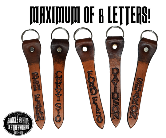 Our Leather keychain embossed similar to our popular belts.  Add your name MAXIMUM OF 8 LETTERS! Great for identifying luggage, backpacks, or you keys! Available in the below choices All colored in our popular 2 TONE BROWN, pick one or a few. Made in our Smyrna Tn. shop.