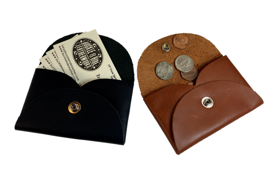 Handmade leather coin wallet with silver colored snap closure  so that coins and other small items may be carried.  Fits in the palm of the hand. BUY MORE and SAVE!  Available in either assorted brown or black leather.  Made in USA