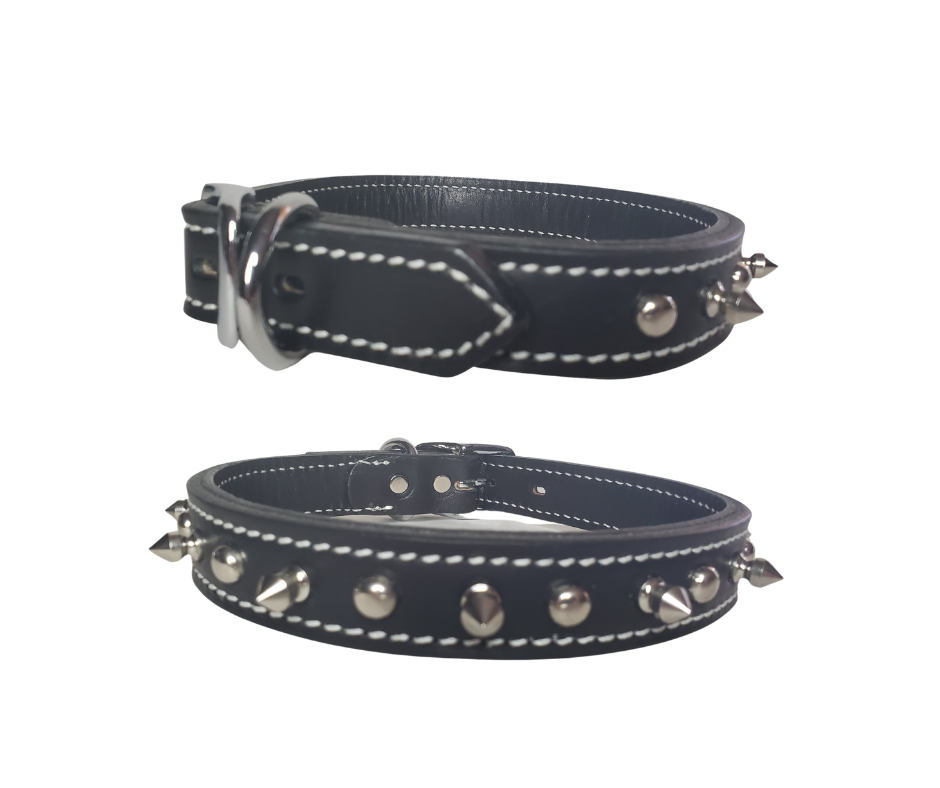 Constructed of premium quality black bridle leather, this doubled and stitched collar with smoothed and darkened edges will turn heads with its carefully crafted and attractive design of nickel plated over brass spikes and spots. Chrome plated hardware. These are heavy double layer leather approx. 1/4" thick, the inner layer is smooth and keeps the studs and spikes from rubbing your pet.