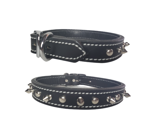 Constructed of premium quality black bridle leather, this doubled and stitched collar with smoothed and darkened edges will turn heads with its carefully crafted and attractive design of nickel plated over brass spikes and spots. Chrome plated hardware. These are heavy double layer leather approx. 1/4" thick, the inner layer is smooth and keeps the studs and spikes from rubbing your pet.