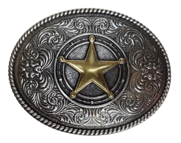 The Classic Star Western scroll with a subtle hint of Barbwire, a rope border on a oval shaped antique silver colored buckle. Perfect for 1 1/2" Brown or Black belts with it's Antiqued Nickel appearance. Buckle size is approx. 3" x 4" that makes it great for most body styles. Imported.