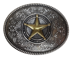 The Classic Star Western scroll with a subtle hint of Barbwire, a rope border on a oval shaped antique silver colored buckle. Perfect for 1 1/2" Brown or Black belts with it's Antiqued Nickel appearance. Buckle size is approx. 3" x 4" that makes it great for most body styles. Imported.