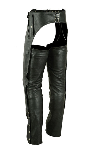 The "Patriot" Premium Unisex Black Snap-out Liner Leather Chaps are our shop's best selling chaps every year. These are 2 chaps in one pair...A snapped in quilted lining (just like in many jackets) for those cold morning and nights. We chose a snapped in liner because a snap is way easier to fix than the zip in liners. Sizes XS-5X&nbsp; Unisex Sizing are available in our Smyrna TN, shop not far from Nashville.