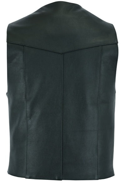 The Walsh is our Basic Black thinnest leather vest with snap closure, perfect for warmer weather. It features 2 inside pockets and 2 on the front bottom, with solid sides and a 3 panel back. Come visit our leather shop in Smyrna, TN, near Nashville, to purchase this stylish vest in sizes XS to 7X.