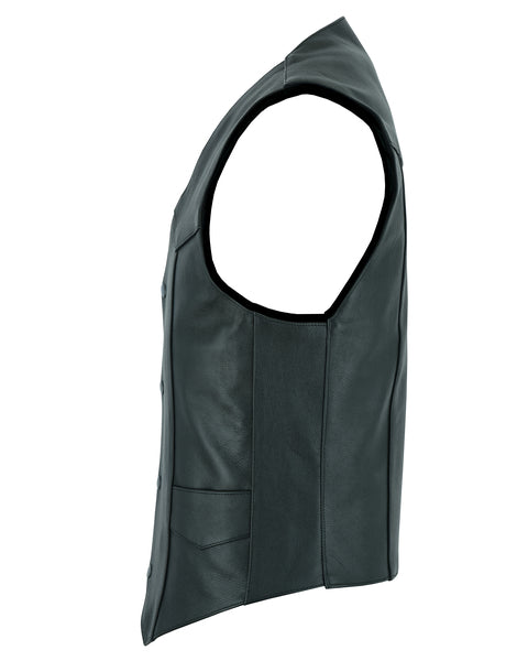 The Walsh is our Basic Black thinnest leather vest with snap closure, perfect for warmer weather. It features 2 inside pockets and 2 on the front bottom, with solid sides and a 3 panel back. Come visit our leather shop in Smyrna, TN, near Nashville, to purchase this stylish vest in sizes XS to 7X.