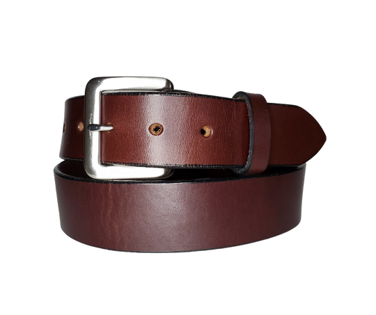 Our handmade BRIDLE leather belt is made in Smyrna, TN, just outside of Nashville. The single strip of leather is our standard 1/8" thick and is 1 1/2" wide.  Great for everyday wear! The Antique Nickel Solid Brass buckle is snapped in place with heavy duty snaps.  Edges are smoothed and painted. Lengths may be available up to 60", please call to check for availability.