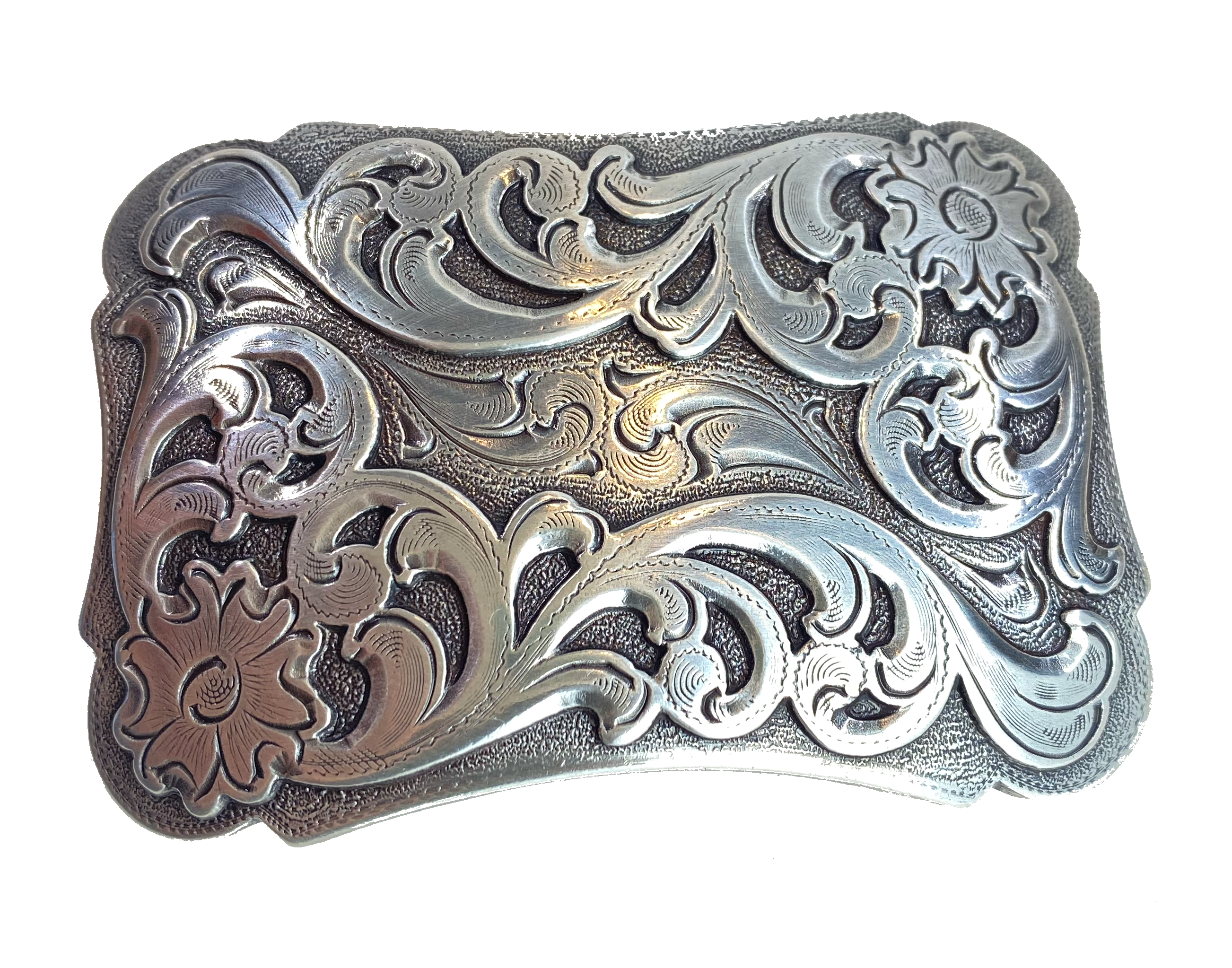 A ornate Classic Western scroll design in Antique Nickle that looks great on plain 1 1/2" Black or Brown belt. A easy to wear rectangle shape that's not too big. Not to cowboy or cowgirl just enough of the west. Imported